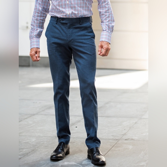 Men's Blue Navy Mini Checkered Suit Pants Casual New W32 L32 - Picture 1 of 5